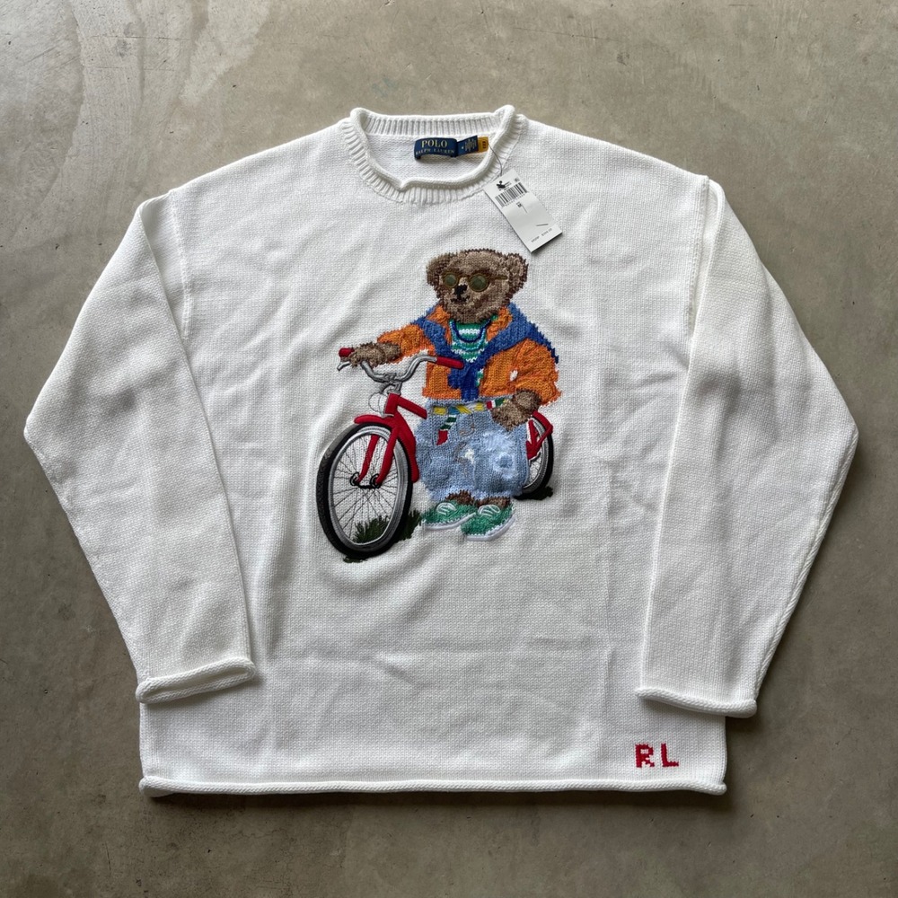 Polo Ralph Lauren Mens White Polo Bear Bicycle Intarsia Knit Sweater Size M NEW